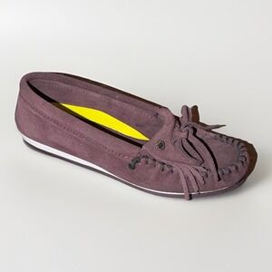 Minnetonka Kilty Moccasin Burgundy Fringe Suede Hardsole Driving Shoes Size 6